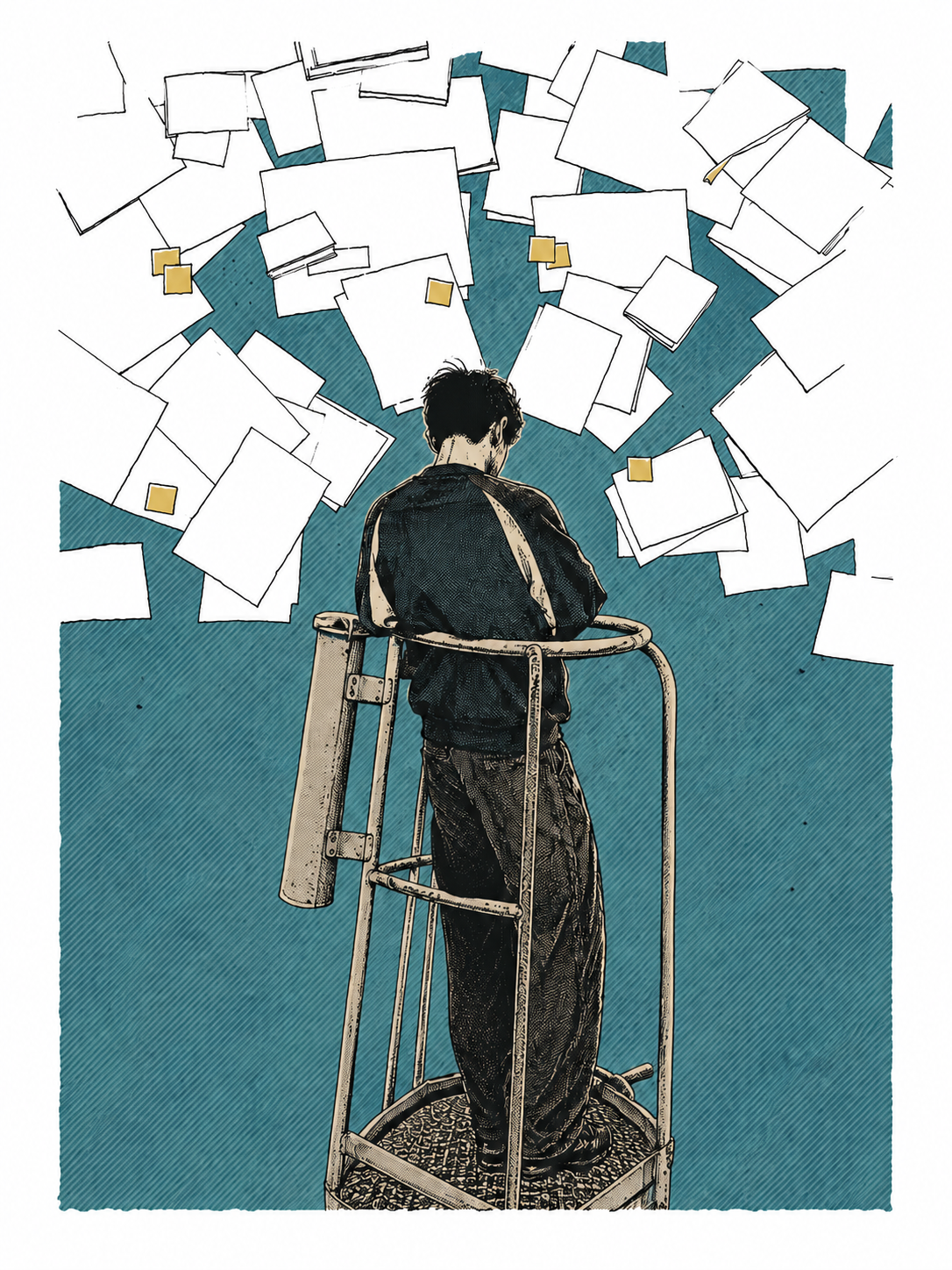 杨金站在创作平台前的手绘人物插画